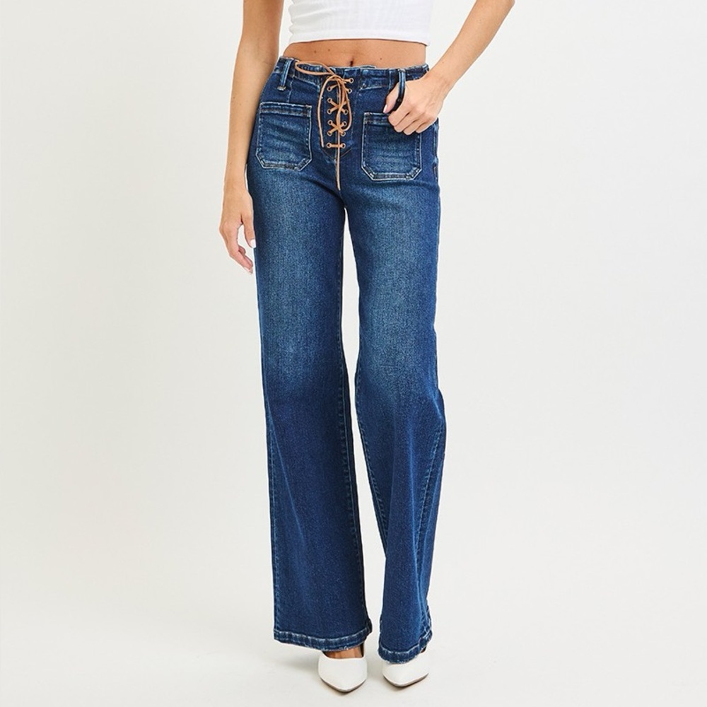 Classic Blue Lace-Up Flare Jeans